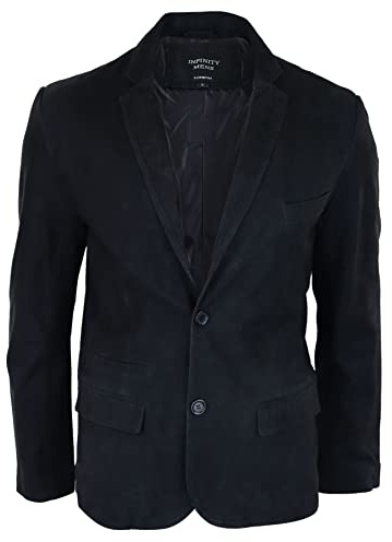 Mens Genuine Suede Blazer Style Jacket Leather Mens Classic Vintage Smart Casual - Black 4XL