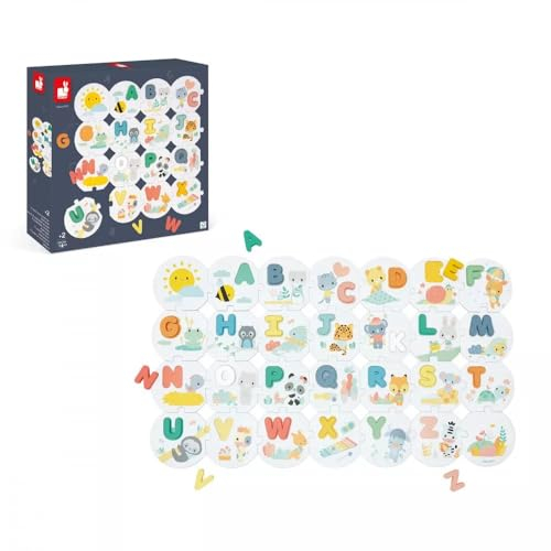 Janod - Pure Puzzle Mein Erstes Alphabet - 28-Teiliges Puzzle + 26 Holzbuchstaben - Zum Lernen des Alphabets - Lernspielzeug - Ab 24 Monaten, J08045