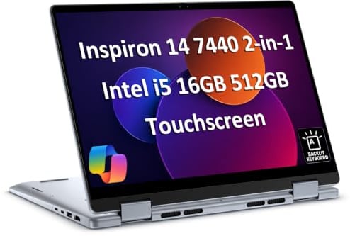 Dell Inspiron 14 - Computer portatile touchscreen 2 in 1 (14 FHD+ IPS, 16 GB DDR5 RAM, SSD 512 GB, AMD Ryzen 5 8640HS (> Intel i7-1255U), per affari, studenti, FP, retroilluminato, webcam FHD