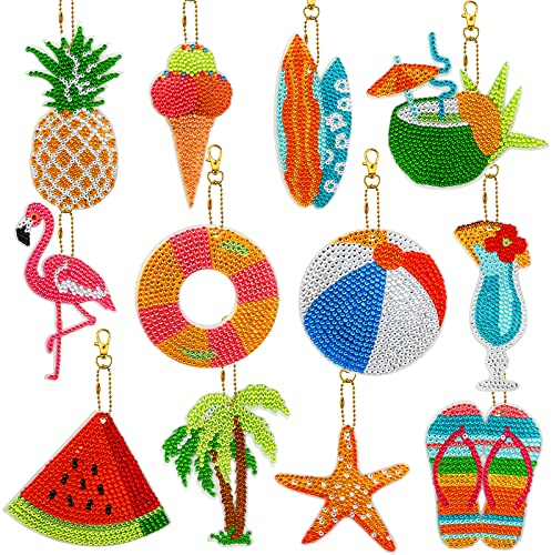 Jodsen 12 Stück 5D Diamond Painting Anhänger Hawaiian Style Vollbohrer Strass Malerei Schlüsselanhänger Mosaik Diamant Malerei Anhänger Selbstklebende Aufkleber Kunsthandwerk für Kinder Erwachsene