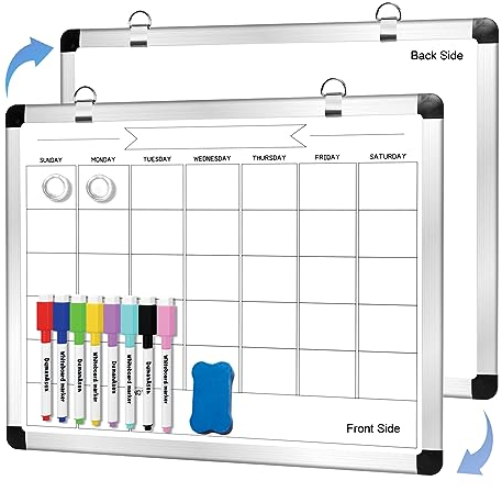 DumanAsen Magnetische Whiteboard, Whiteboard kalender, doppelseitiger trocken abwischbar Magnettafel, Aluminiumrahmen - Memoboard für Wohnung, Büro, Küche und Schule, inkl. 3 Marker, 43cm x 33cm
