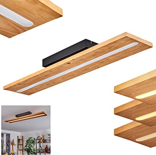 LED Deckenleuchte Adak, dimmbare Deckenlampe aus Metall/Holz/Kunststoff in Schwarz/Natur/Weiß, über herkömmlichen Lichtschalter dimmbar, Leuchte mit Holzschirm, LED 21 Watt, 2500 Lumen, 3000 Kelvin