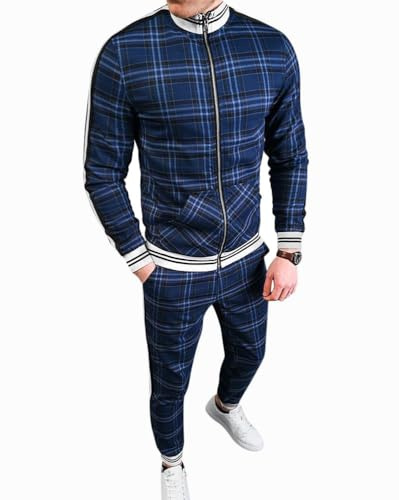 Oanviso Herren Kariertes Sportanzug mit Reißverschluss und Tasche | Langarm,Freizeitan-Set,Trainingsanzug,Jogginganzug,Männer Sweatjacke Set,Trainingshose,Karierter,Casual,Zweiteiliger Sets