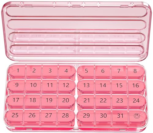 Zoksi Tablettenbox Monat 32 Tage, Pillendose 31 Tage 4 Fächer, Medikamentenbox für 1 Monat,mit 8 Stück Pillendose Klein für Unterwegs,Tragbare Pillenbox für Tabletten & Supplement (Rosa)