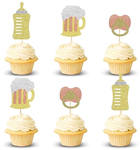 Arthsdite 24Pcs Beer Mug Baby Bottle Cupcake Toppers Baby Bottle Cupcake Picks Cheers Celebrating Baby Shower Birthday Party Cake Decorations - Gold Glitter
