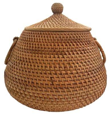 Uposao Panier De Rangement en Osier avec Couvercle-Panier Rotin Corbeille À Fruits Ronde en Rotin Naturel Légère Tressée À La Main pour Fruits, Légumes