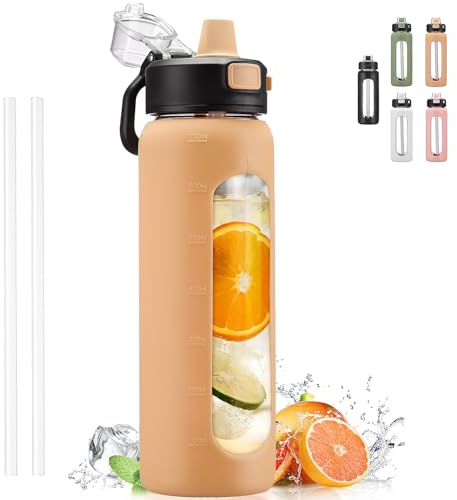 Kodrine Water Bottle With Straw and Carry Handle, Glass Water Bottle 24 oz Leak Proof Locking Lid with Soft Silicone Spout, Small Clear Water Bottle, Travel Sports Water Jug, Time Marker, Amber