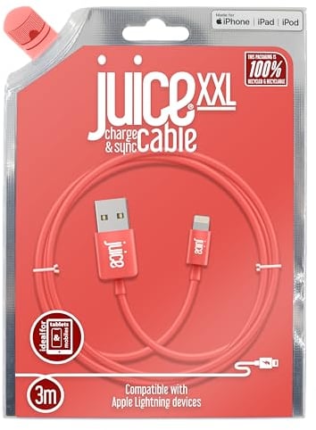 Juice XXL 3m Apple Lightning Cable. USB to Lightning iPhone Charger Cable, MFI Certified Apple Charger Cable. Long, Durable iPad Charger Cable & iPhone Cable (Coral), Extra Large