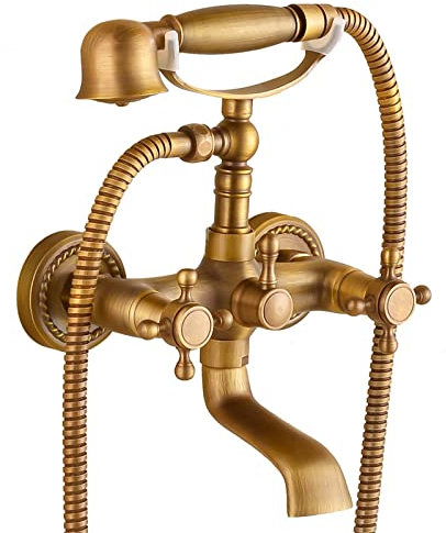 BiaoTeng Miscelatore Vasca Da Bagno Vintage con maniglie a croce Rubinetto Doccia Da Muro Ottone Rubinetto Vasca Da Bagno Con Doccetta Retro