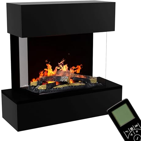 GLOW FIRE Wasserdampf Kamin HÖLDERLIN Sims (Wandkamin) - Elektrokamin für die Wand mit realistischen LED 3D-Flammen, Knistereffekt & Fernbedienung, 80x78x30 cm, Opti-Myst 600 mit Holz-Deko, Schwarz