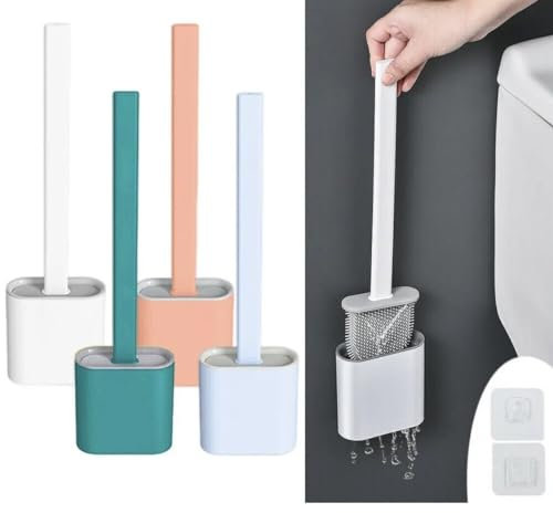 Toilet Brush | Bathroom Silicone Toilet Brushes and Holder Sets with No-Slip | Long Plastic Handle and Soft Flexible Bristles | Toilet Brushes with holders and Base for Anti-drip (White) (Green)