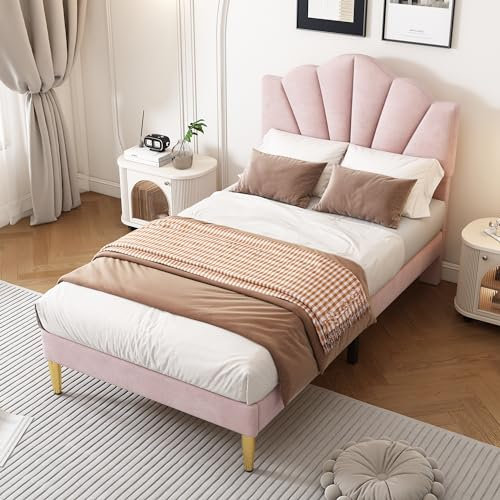 Aunvla Samt, Polsterbett, 90 * 200 cm, muschelartiges Bett mit goldenen Eisenbeinen, höhenverstellbares Kopfteil, Holzlattenrost, mit Polsterbank, Bank mit Stauraum, Rosa