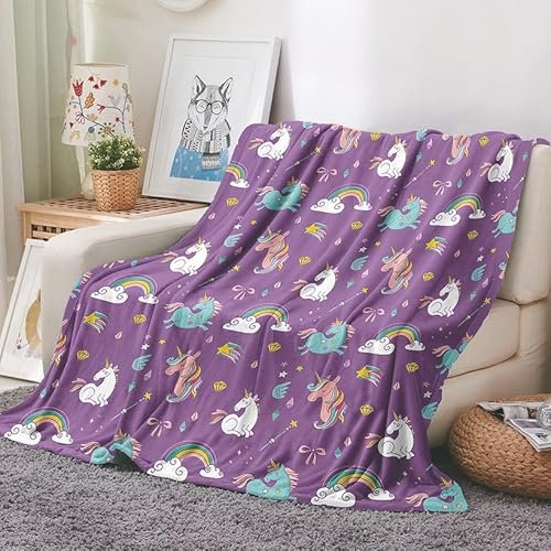 EHOMERY Kuscheldecke Natur Warme Decke Zelten Kuscheldecke Weiss Warme Decken Einhorn Karikatur Hosting-Decke Dekorative Weiche Kuscheldecken Lila 200x150cm