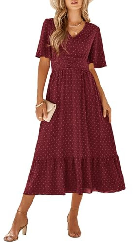IFFEI Women Summer Maxi Dresses V Neck Chiffon Ruffle Sleeve Swiss Dots A-Line Dress Stretchy High Waist Flowy Wedding Guest Dress Ladies Dresses Burgundy