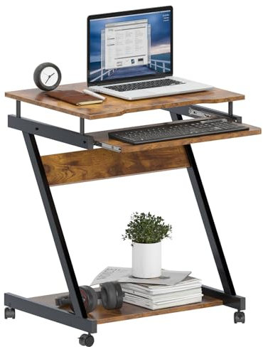 SogesPower Scrivania Portatile per Computer, Piccola Scrivania Doppia, con Ruote Universali Bloccabili e Vassoio per Tastiera, 60 x 46 x 73 cm, Marrone