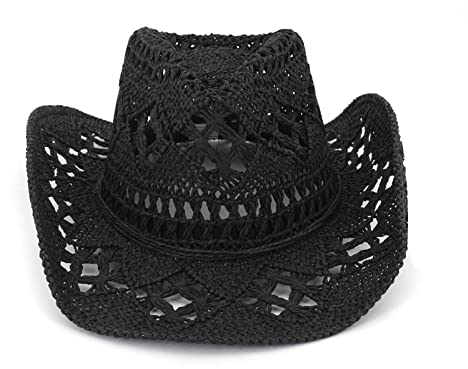 Sombrero de Cowboy de Paja Hombre Mujer Sombrero de Vaquero Occidental Cowgirl Hat Gorras de Sol Anti-UV Panamá Sombrero de Playa Sombrero de Cowboy Plegable ala Ancha (Negro)