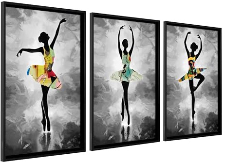 DekoArte - Tableau décoration murale salon BALLERINA 50x70 cm x3 pièces - Tableaux avec cadre noir inclus