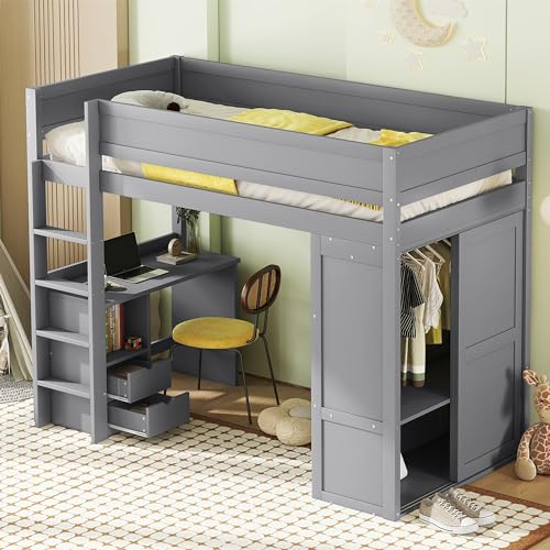 Platzsparendes Hochbett für Kinder 90x200, Etagenbett Stockbett Kinderhochbett Bunker Bed mit Kleiderschrank, Schreibtisch, Schubladen, Leiter und hohem Geländer, Holzbett für Jungen&Mädchen, Grau