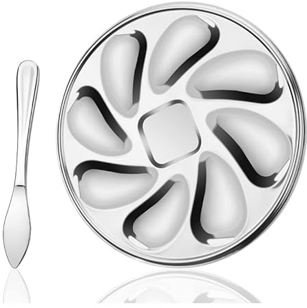 LERANXIN Assiette a Huitre, Conteneur Huîtres Acier Inoxydable, avec Couteau à Huîtres et 9 Emplacements, Plateau à Huîtres pour Servir des Plats de Crustacés au Restaurant ou à la Maison