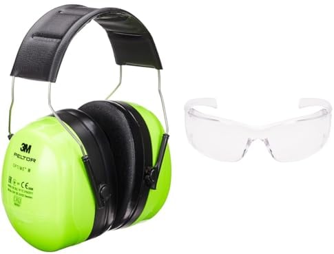 3M Peltor Optime III Kapselgehörschutz, Kopfbügel, Hi-Viz, SNR 35 dB & 3M Virtua AP Schutzbrille - Augenschutz, UV Schutz - Transparente, kratzfeste Schutzbrille für Industrie und Gewerbe, 26 g leicht