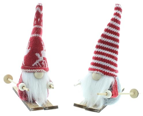 FRANK FLECHTWAREN Wichtel Ski-Tour, 2er Set,perfekte Dekoration für die Winterzeit. Maße: Höhe 14 cm, Winterliche DekorationWinterliche Dekoration