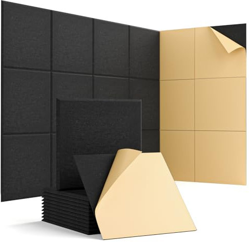 Woovio Panneau Acoustique 12pcs Anti Bruit Panneau Acoustique Mural Auto-Adhésif Haute Densité Panneaux Acoustiques 30 x 30 x 0,9 cm pour Décoration de Bureaux, Studio, D'Enregistrement (Nero)