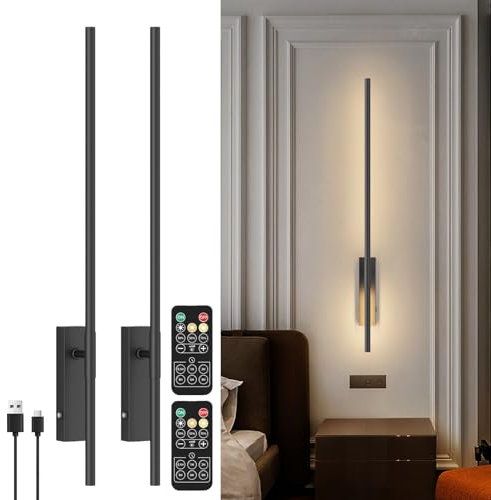Aipsun Lámpara de Pared Interior 5000 mAh Con Pilas Regulables, 2 Unidades Inalámbricas Con Mando a Distancia, Batería Recargable USB, 3000K-6000K, 64 cm, 5W, Negro