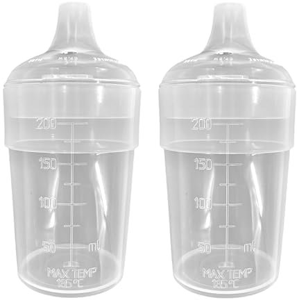 Chabrias Ltd 2 Pack Feeding Beakers 200ml UK Made- Clear With Narrow Spout Lids, & Controllable Flow – Reusable, Microwave Safe, Adult Sippy Cup, Spill-Proof, Autoclavable, Care Homes, Caring, Nursing
