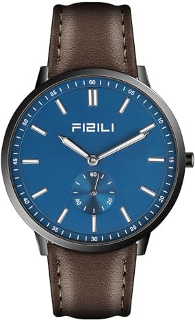 Ultradünne Herrenuhren, modische analoge Quarzuhr, wasserdicht, minimalistische Armbanduhr mit Leuchtskala und -zeigern, Lederarmband für Männer Dunkelbraunem Blaues