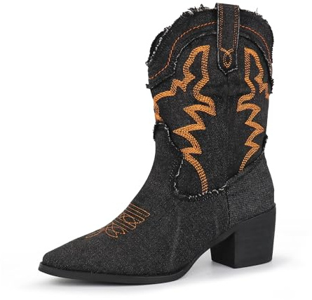 Hawkwell Women's Cowboy Cowgirl Western Boots Embroidered Stitched Ankle Boots Classic Pointe Toe Low Chunky Heel Rodeo Short Booties,Black,8