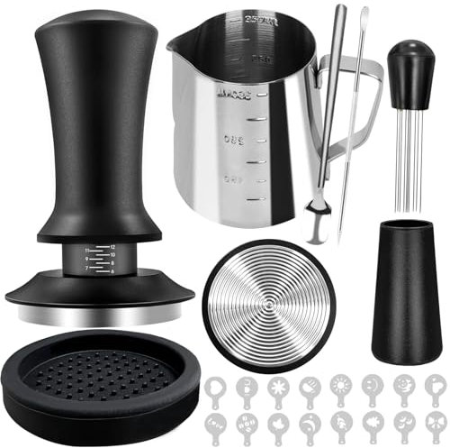 Kaffee-Tamper-Set, Espresso-Zubehör, Barista-Set, mit 51 mm Espresso-Tamper, WDT-Werkzeug, Aufschäumkrug (350 ml), Latte-Art-Stift, Kaffee-Rührer, Tamper-Matte, 16 Kaffee-Schablonen, 22-teilig