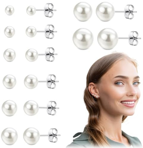 JEYORZY 8 Paar Perlenohrringe Silber, Perlenohrringe, Weiße Perlenohrstecker, Damen Ohrstecker, Perlen Ohrringe Damen, Perlenohrstecker mit Perlen, Ohrringe Set für Damen Mädchen, 4-14mm