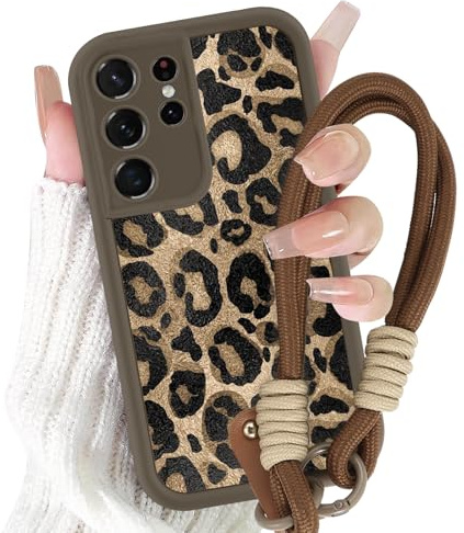Yirlbey Handyband Handyhülle für Samsung Galaxy S21 Ultra (5G) Hülle mit Band Kette, Schnur Schutzhülle mit Aesthetic Leopard Muster mit Kordel zum Umhängen Cover, Silikon Bumper Case 6,8, Braun