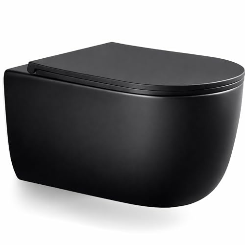 LARDECOR - WC Inodoro de Cerámica Suspendido | 530x365x365 mm | Váter con Sistema Rimless Antibacterias, Tapa Dura Extrafina UF Amortiguada y Ahorro de Agua (Negro)