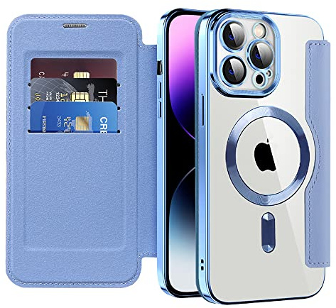 SIYOPINPFY Wallet Case for iPhone 14 Pro Max, Card Holder, Peaks Blue JD | [Compatible with MagSafe] [RFID Blocking] Premium Flip Leather Card Slots Holder , Magnetic Clear Back Shockproof Phone Case