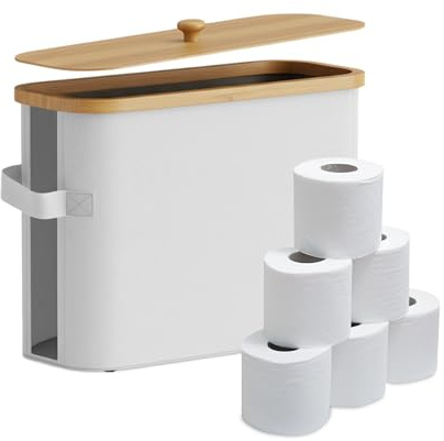 Portarotoli Relaxdays, 12 Rotoli, HxLxP: 33 x 45 x 16 cm, Stoffa, bambù, Contenitore per Carta igienica, Bianco