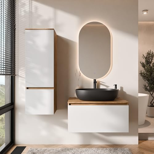 Planetmöbel Arisa Badmöbel Set Waschtisch mit Unterschrank 80 cm Gold Eiche weiß mit LED Spiegel und Hochschrank, Waschbecken 60 cm schwarz, inkl. Raumsparsiphon