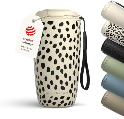 LARS NYSØM Thermo Kaffeebecher to go mit Trageschlaufe 500ml | Travel Mug 0,5 L mit Isolierung | Auslaufsicherer Edelstahl Thermobecher mit Musterdesign für Café & Tee (Beige/Abstract/Black, 500ml)