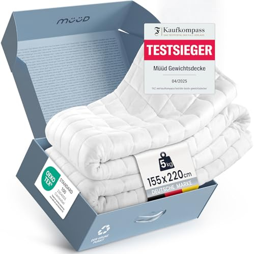 müüd® Gewichtsdecke I schwere Decke zum Schlafen I Therapiedecke aus atmungsaktiver Baumwolle I Stressreduzierend & therapeutisch - mit Verpackungsbox + Tragegriff (155x220, 5.0, Kilogramm)