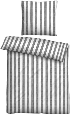 biberna Seersucker Bettwäsche 135x200 cm, 2-teilig mit Kissenbezug 80x80 cm, 100% Baumwolle, kühlend, bügelfrei & atmungsaktiv, Reißverschluss, Sommerbettwäsche, Streifen, grau, Modell 0022644