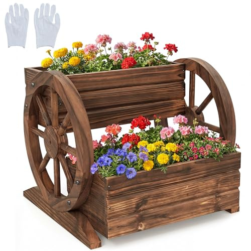 HOMASIS Blumenkasten Holz, Pflanzkübel mit Räder, Pflanzkästen Gartendeko, Hochbeet mit Drainagelöcher & Handschuhe, Blumentopf Pflanzkarre für Garten Balkon Terrasse, Braun (46x44x35cm)