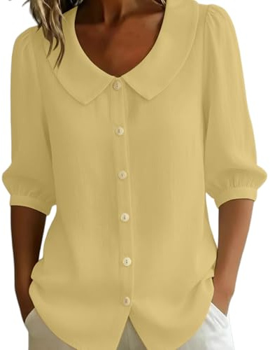 Cotton Tops For Women Uk Peter Pan Collar Button-Down Blouses 3/4 Puff | Sleeve V-Neck Top Casual Elegant Shirt Lightweight Breathable Loose Fit Summer Tops Workwear And Daily Wear