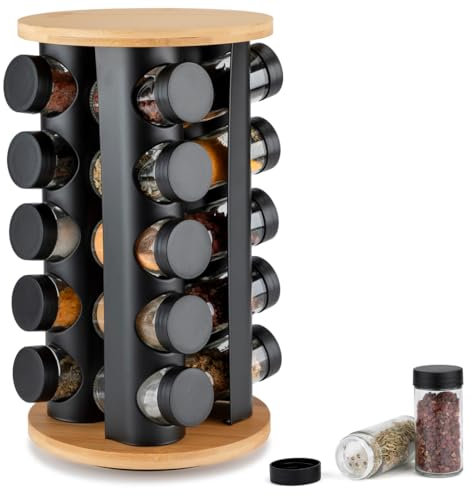 EliteHoff Gewürzkarussell Drehbar – Gewürzregal Schwarz mit Bambus (20 Gewürzdosen)