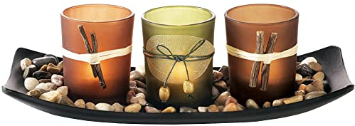 Dawhud Direct Votive Candle Holder - Vintage Decoration with Flameless Natural Candle Set, 3 LED Tea Lights, Rocks and Tray for Bath and Zen Room Decor