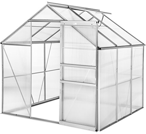 tectake® Aluminium Gewächshaus, 190x185x195 cm, Treibhaus, Tomatenhaus, Frühbeet, Pflanzenhaus, UV beständig, 4 mm Platte, Schiebetür & Dachfenster, Schutz vor Kälte, Regen und Frost - ohne Fundament