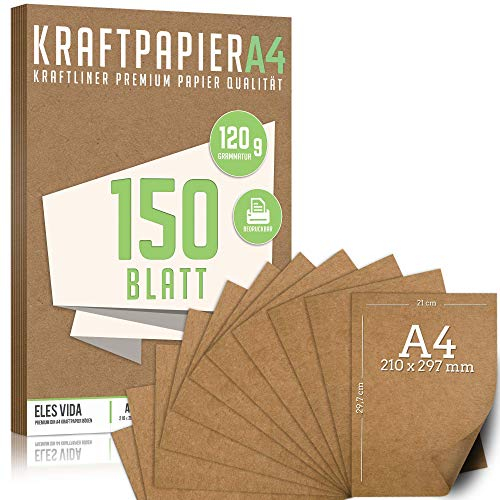 150 Blatt Kraftpapier A4 Set - 120 g - 21 x 29,7 cm - DIN Format - Bastelpapier & Naturkarton Pappe Blätter aus Kraftkarton zum Drucken, Kartonpapier Basteln für Vintage Hochzeit Geschenke Etiketten