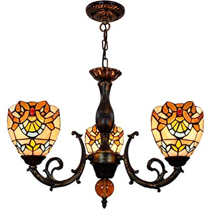 Yjmgrowing Barock Kunst Tiffany Stil Glasmalerei 3 Arme Kronleuchter Mit 6 Zoll Vintage Lampenschirm Pendelleuchte Für Wohnzimmer, 110-220 V (Ohne Glühlampen)