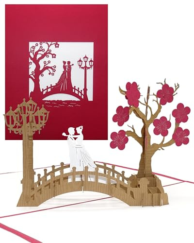5 x Pop Up Karte Hochzeit - Set zu 5 Stück Bridge of Love 3D Einladungskarten Hochzeitskarten Hochzeitseinladungen mit Umschlag