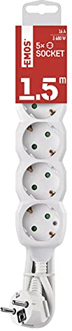 EMOS - 5-fach Steckdosenleiste 1,5m - 5 Schuko-Steckdosen 45° gedreht - 250 V, 16 A, 3680 W - hochwertige PVC-Isolierung - H05VV-F3G 1,5 mm2 - erhöhter Berührungsschutz - IP20 für Innen - weiß