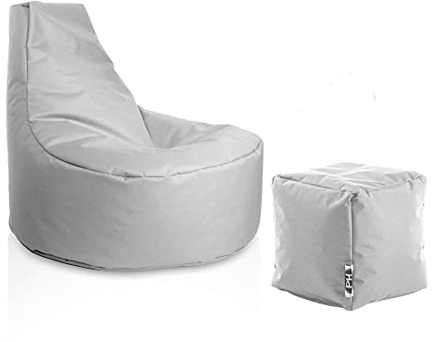 PATCH HOME Gamer Sessel Sitzsack inkl. Würfel Bean Bag Set Ø80cm, 30cm Sitzhöhe, 90cm Höhe + 35x35cm Würfel Grau